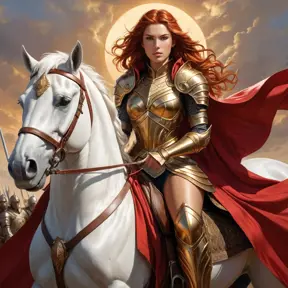 A powerful depiction of a warrior queen with sun-kissed skin and fiery bronze hair, astride a magnificent white steed, leading her army into battle, clad in gleaming armor and a crimson cloak., Highly Detailed, Half Body, Gorgeous, Stunning, Elegant by Stanley Artgerm Lau