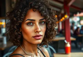 A realistic portrait of a woman with warm brown skin, curly hair, and hazel eyes, inspired by natural lighting in an outdoor café scene., Highly Detailed, Intricate, Half Body, Realistic