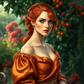 A vibrant Renaissance-style portrait of a woman with fiery red hair and emerald green eyes, wearing an elegant silk gown, set against a lush garden backdrop., Highly Detailed, Half Body, Gorgeous, Stunning, Elegant by Stanley Artgerm Lau