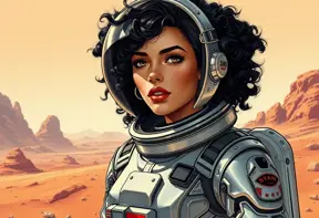 A retro-futuristic illustration of a woman with curly black hair and dark features, wearing a stylish silver spacesuit, exploring Mars' surface, Highly Detailed, Intricate, Half Body, Realistic