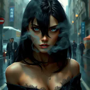 A mysterious and alluring femme fatale with piercing sapphire eyes and raven-black hair, shrouded in smoke and shadows on a rain-soaked city street, Highly Detailed, Half Body, Gorgeous, Stunning, Elegant by Stanley Artgerm Lau