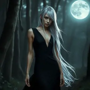 A mysterious woman with long silver hair, dressed in a sleek black gown, standing in a moonlit forest, shadows casting over her face, a mystical aura surrounding her, dramatic lighting, high contrast, Highly Detailed, Half Body, Gorgeous, Stunning, Elegant by Stanley Artgerm Lau