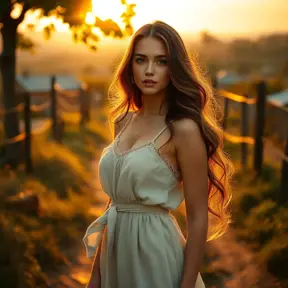 A beautiful woman with long, wavy brunette hair, wearing a casual summer dress, standing in a rustic countryside, the golden hour light casting a warm glow, idyllic and peaceful setting, Highly Detailed, Half Body, Gorgeous, Stunning, Elegant by Stanley Artgerm Lau