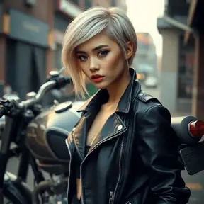 A striking woman with short platinum blonde hair, wearing a chic black leather jacket, leaning against a vintage motorcycle, gritty urban background, bold and edgy, cinematic lighting, Highly Detailed, Half Body, Gorgeous, Stunning, Elegant by Stanley Artgerm Lau