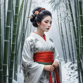 A serene geisha walking alone in a snowy bamboo forest, Highly Detailed, Half Body, Gorgeous, Stunning, Elegant by Stanley Artgerm Lau