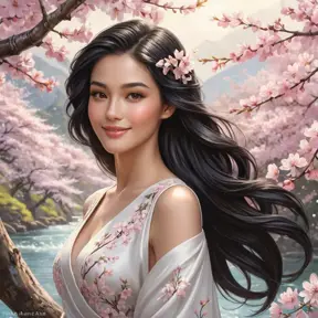 A radiant woman with a gentle smile and raven hair, surrounded by a cascade of cherry blossoms in spring, Highly Detailed, Half Body, Gorgeous, Stunning, Elegant by Stanley Artgerm Lau