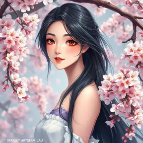 A radiant woman with a gentle smile and raven hair, surrounded by a cascade of cherry blossoms in spring, Highly Detailed, Half Body, Gorgeous, Stunning, Elegant by Stanley Artgerm Lau