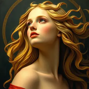 A beautiful woman inspired by the style of Botticelli's 'The Birth of Venus', with golden skin and flowing blonde hair, Highly Detailed, Half Body, Gorgeous, Stunning, Elegant