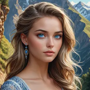 a stunning woman with piercing blue eyes, gazing out at a breathtaking mountain vista, Highly Detailed, Half Body, Gorgeous, Stunning, Elegant by Stanley Artgerm Lau