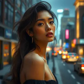 a captivating model with high cheekbones and full lips, posing for a fashion photoshoot against a backdrop of city lights, Highly Detailed, Half Body, Gorgeous, Stunning, Elegant by Stanley Artgerm Lau