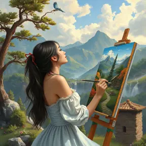 a creative woman painting a beautiful landscape, Highly Detailed, Half Body, Gorgeous, Stunning, Elegant by Stanley Artgerm Lau