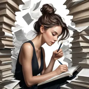 A creative mind, surrounded by stacks of books and papers as she maps out a new story idea, her pen moving swiftly across the page as inspiration strikes., Highly Detailed, Half Body, Gorgeous, Stunning, Elegant by Stanley Artgerm Lau