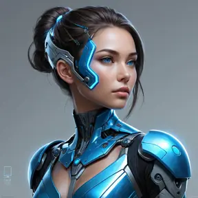 a futuristic cyborg with glowing blue circuitry and sharp, angular features, staring intently into the distance, Highly Detailed, Half Body, Gorgeous, Stunning, Elegant by Stanley Artgerm Lau