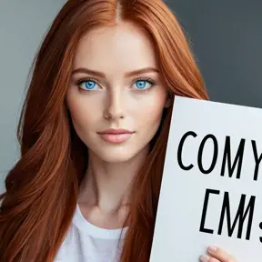 A stunning woman with long, straight red hair and bright blue eyes, holding up a sign that says "created via comfy-dell", Highly Detailed, Half Body, Gorgeous, Stunning, Elegant