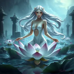 A serene depiction of a woman with pale lavender skin and flowing silver hair, sitting lotus-positioned atop a tranquil lotus flower in an otherworldly, bioluminescent pond, surrounded by ancient stone ruins., Highly Detailed, Half Body, Gorgeous, Stunning, Elegant by Stanley Artgerm Lau