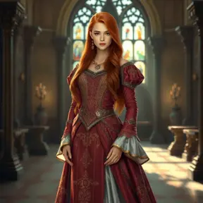 A stunning woman with long red hair, wearing an intricately detailed medieval gown, standing in a grand castle hall, the light streaming through stained glass windows, regal and majestic, Highly Detailed, Half Body, Gorgeous, Stunning, Elegant by Stanley Artgerm Lau