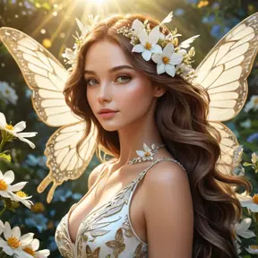 A beautiful woman with wings like a butterfly, surrounded by flowers and sunlight, Highly Detailed, Half Body, Gorgeous, Stunning, Elegant