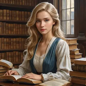 A kind and gentle librarian with a quiet introspection and soft, flaxen hair, surrounded by the musty scent and worn pages of ancient tomes, Highly Detailed, Half Body, Gorgeous, Stunning, Elegant by Stanley Artgerm Lau