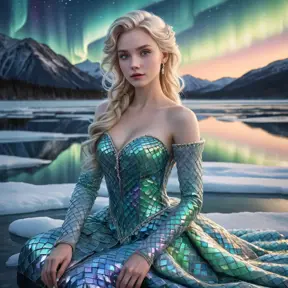 An enchanting portrayal of a woman with porcelain skin and ice-blonde hair, seated at the edge of a frozen lake, wearing a shimmering gown made from thousands of iridescent scales, reflecting the Northern Lights above., Highly Detailed, Half Body, Gorgeous, Stunning, Elegant by Stanley Artgerm Lau