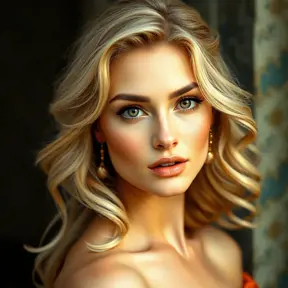 A classically beautiful woman with golden blonde hair, sparkling hazel eyes, and a timeless grace, embodying perfection and beauty, Highly Detailed, Half Body, Gorgeous, Stunning, Elegant by Stanley Artgerm Lau