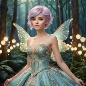 A whimsical woman with pastel-colored pixie hair, wearing a fairy tale-inspired gown with intricate embroidery, in an enchanted forest filled with twinkling lights, Highly Detailed, Half Body, Gorgeous, Stunning, Elegant by Stanley Artgerm Lau