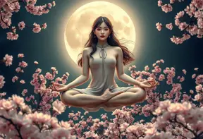 A surreal scene featuring a woman with almond-shaped eyes and porcelain skin, floating gracefully in a lotus position above blooming cherry blossom trees under a full moon, Highly Detailed, Intricate, Half Body, Realistic