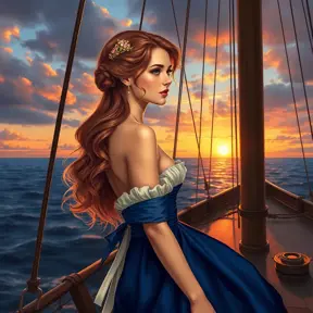 An exquisite illustration of a woman with porcelain skin and rose-gold hair, posing gracefully on the bow of a historic sailing ship, wearing a period-accurate gown in rich sapphire blue, as she looks out towards the horizon at sunset., Highly Detailed, Half Body, Gorgeous, Stunning, Elegant by Stanley Artgerm Lau