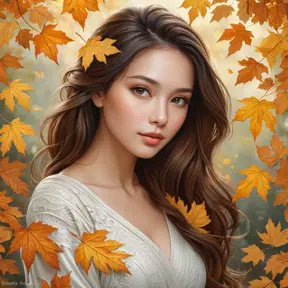 A soft-spoken poetess with an aura of quiet introspection, surrounded by the gentle whispers of autumn leaves, Highly Detailed, Half Body, Gorgeous, Stunning, Elegant by Stanley Artgerm Lau