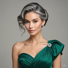 A lady in her late 30s with soft gray hair pulled back into a classic chignon, wearing an elegant emerald green dress that softly hugs her figure, Highly Detailed, Half Body, Gorgeous, Stunning, Elegant by Stanley Artgerm Lau