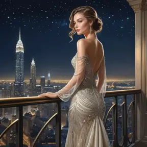 A sophisticated woman in a luxurious, flowing gown, standing on a balcony overlooking a grand cityscape at night, her expression thoughtful, city lights twinkling like stars behind her., Highly Detailed, Half Body, Gorgeous, Stunning, Elegant by Stanley Artgerm Lau