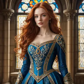 A stunning woman with long red hair, wearing an intricately detailed medieval gown, standing in a grand castle hall, the light streaming through stained glass windows, regal and majestic, Highly Detailed, Half Body, Gorgeous, Stunning, Elegant by Stanley Artgerm Lau