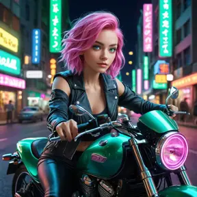 A woman with pink hair and heterochromatic eyes (one blue, one green), riding her motorcycle through neon-lit city streets at night, Highly Detailed, Intricate, Half Body, Realistic