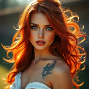 a stunningly beautiful woman with flowing red hair and piercing blue eyes, illuminated by warm sunlight, Highly Detailed, Half Body, Gorgeous, Stunning, Elegant by Stanley Artgerm Lau