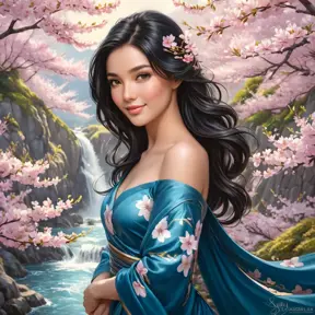 A radiant woman with a gentle smile and raven hair, surrounded by a cascade of cherry blossoms in spring, Highly Detailed, Half Body, Gorgeous, Stunning, Elegant by Stanley Artgerm Lau