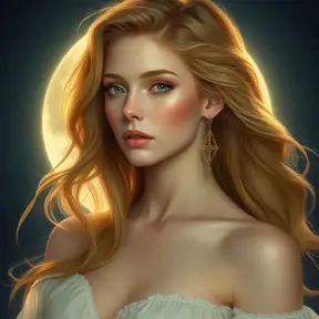 An ethereal woman with porcelain skin and cascading golden locks, illuminated by the soft glow of a full moon, Highly Detailed, Half Body, Gorgeous, Stunning, Elegant by Stanley Artgerm Lau