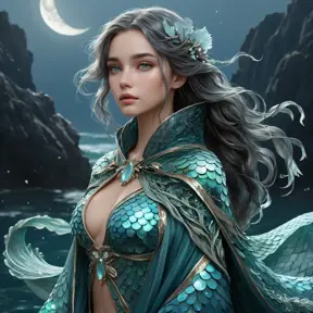 Moonlit siren with shimmering aquamarine scales and a flowing seaweed-like cloak, Highly Detailed, Half Body, Gorgeous, Stunning, Elegant by WLOP