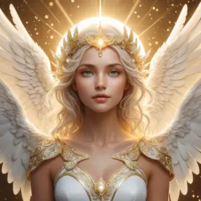 A celestial being with wings of pure white and eyes like stars, floating amidst a halo of soft, golden light, Highly Detailed, Half Body, Gorgeous, Stunning, Elegant by Stefan Kostic