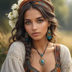 captivating gypsy with deep, soulful eyes, bohemian attire, and a carefree spirit, Highly Detailed, Half Body, Gorgeous, Stunning, Elegant by Stanley Artgerm Lau, Stefan Kostic