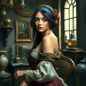 An embodiment of renaissance beauty, painted with colors that blend the Renaissance era's elegance and modern artistry, her expression one of thoughtful contemplation amidst an ornate studio filled with artifacts of the past., Highly Detailed, Half Body, Gorgeous, Stunning, Elegant by Stanley Artgerm Lau