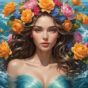 A goddess-like figure emerging from a canvas of vibrant flowers, with skin as radiant as roses and eyes reflecting the depth of the ocean, her hair a crown of intertwined blooms, capturing the essence of spring's bounty., Highly Detailed, Half Body, Gorgeous, Stunning, Elegant by Stanley Artgerm Lau