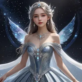 Celestial being with a shimmering aura and a gown made of stardust and moonbeams, Highly Detailed, Half Body, Gorgeous, Stunning, Elegant by WLOP