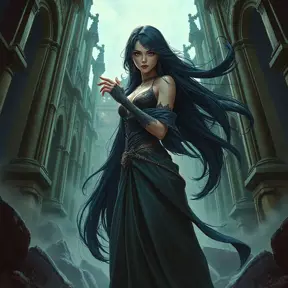 An enchantress standing amidst the ruins of an old, gothic cathedral, her raven hair flowing like a river of midnight ink, her eyes piercing through the shadows cast by the broken spires, a mystical energy emanating from her fingertips., Highly Detailed, Half Body, Gorgeous, Stunning, Elegant by Stanley Artgerm Lau