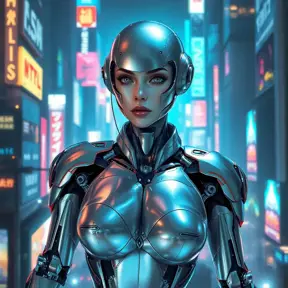 A futuristic cyborg with gleaming silver limbs and a radiant, iridescent aura, set against a backdrop of neon-lit cityscapes, Highly Detailed, Half Body, Gorgeous, Stunning, Elegant by Stefan Kostic