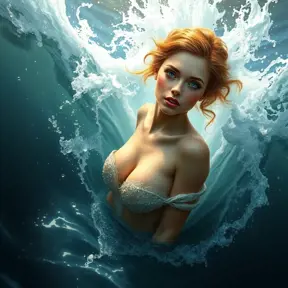 mysterious siren emerging from crashing waves, glistening droplets on her radiant skin, Highly Detailed, Half Body, Gorgeous, Stunning, Elegant by Stanley Artgerm Lau, Stefan Kostic