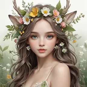 Whimsical woodland nymph with petal-soft skin and a garland of wildflowers, Highly Detailed, Half Body, Gorgeous, Stunning, Elegant by WLOP