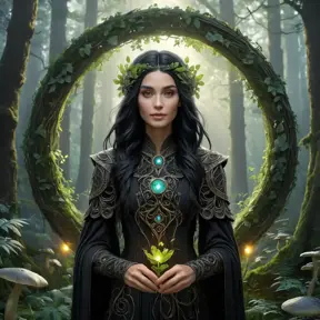 A mystical druid with leaves and vines woven into her raven-black hair, standing amidst a lush, ancient forest, surrounded by a circle of glowing, ethereal mushrooms, Highly Detailed, Half Body, Gorgeous, Stunning, Elegant by Stefan Kostic