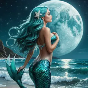 A mystical mermaid with shimmering scales of turquoise and aquamarine, gazing up at a full moon rising over the waves, Highly Detailed, Half Body, Gorgeous, Stunning, Elegant by Stefan Kostic