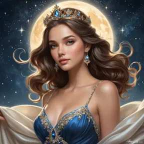 A woman of exquisite elegance, dressed in a gown that mirrors the starlit sky above, with a crown of celestial bodies twinkling upon her head, her presence commanding yet gentle as a whisper on the night wind., Highly Detailed, Half Body, Gorgeous, Stunning, Elegant by Stanley Artgerm Lau