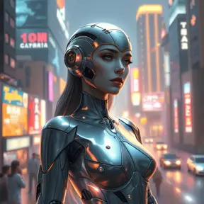 A futuristic cyborg with gleaming silver limbs and a radiant, iridescent aura, set against a backdrop of neon-lit cityscapes, Highly Detailed, Half Body, Gorgeous, Stunning, Elegant by Stefan Kostic