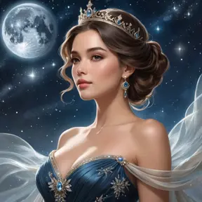 A woman of exquisite elegance, dressed in a gown that mirrors the starlit sky above, with a crown of celestial bodies twinkling upon her head, her presence commanding yet gentle as a whisper on the night wind., Highly Detailed, Half Body, Gorgeous, Stunning, Elegant by Stanley Artgerm Lau